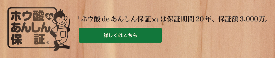 「ホウ酸deあんしん保証R」は保証期間20年、保証額3,000万。